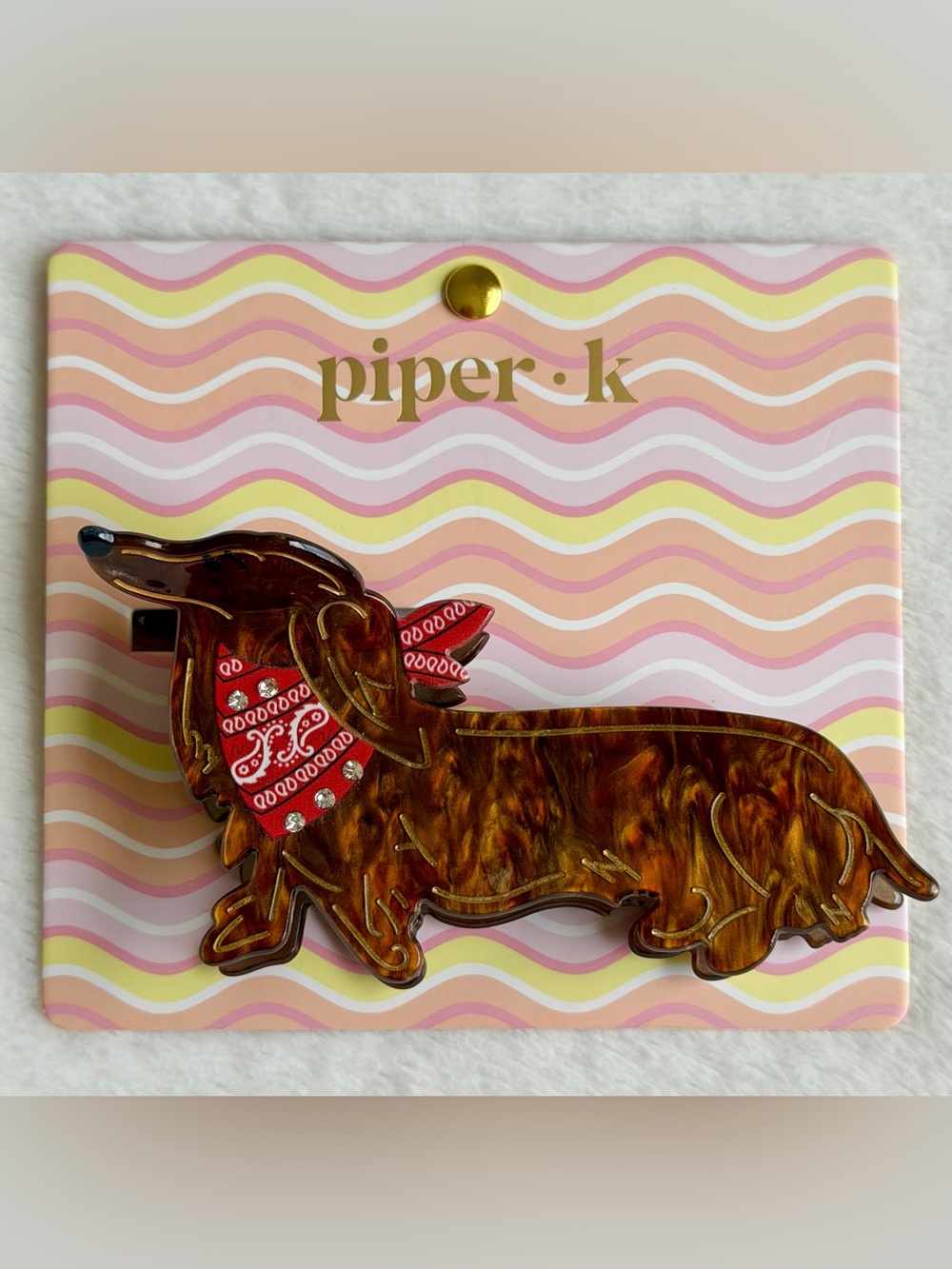 Piper K  Brown Long Dachshund Hair Clip with Red Bandana Accent and Rhinestones